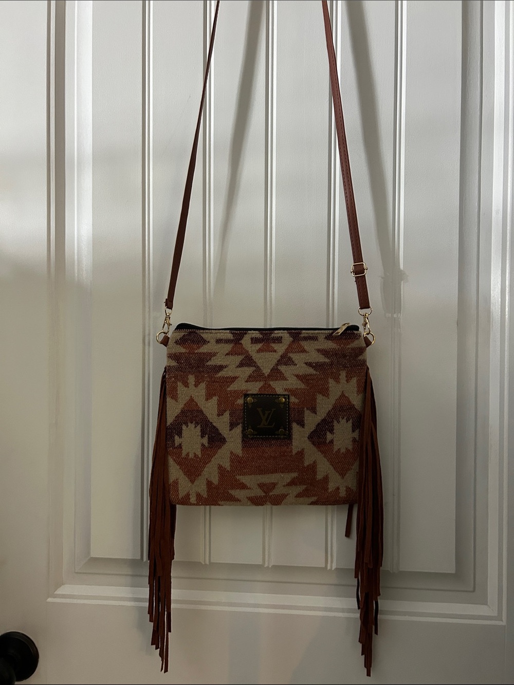 Fringe Aztec Crossbody Bag in Brown and Cream